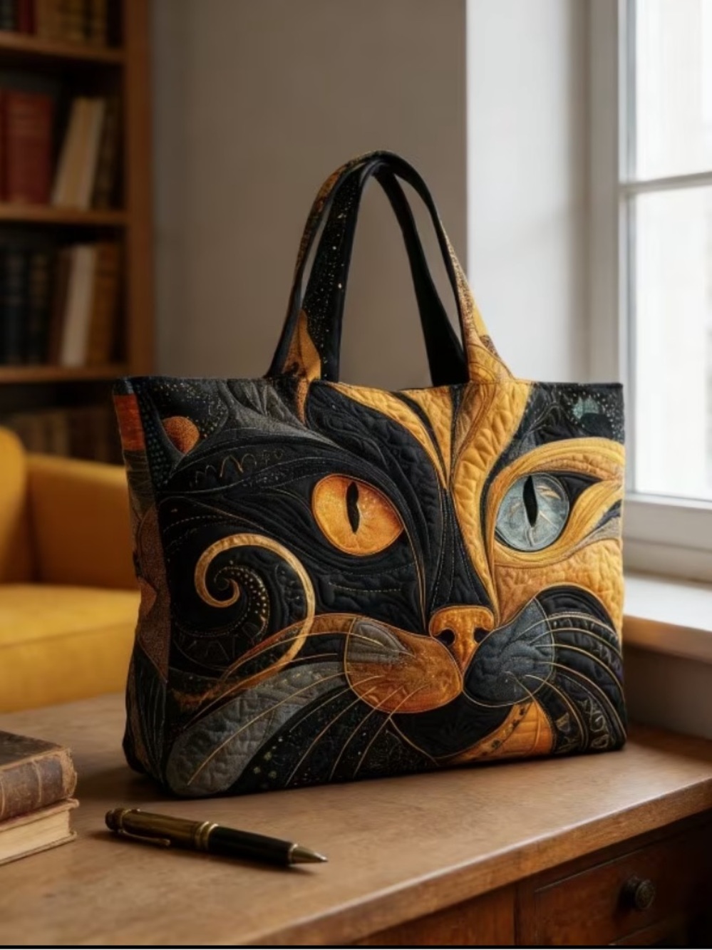 NEW Quilted Extra Large Cat Travel Tote Bag Black Orange - Picture 4 of 8